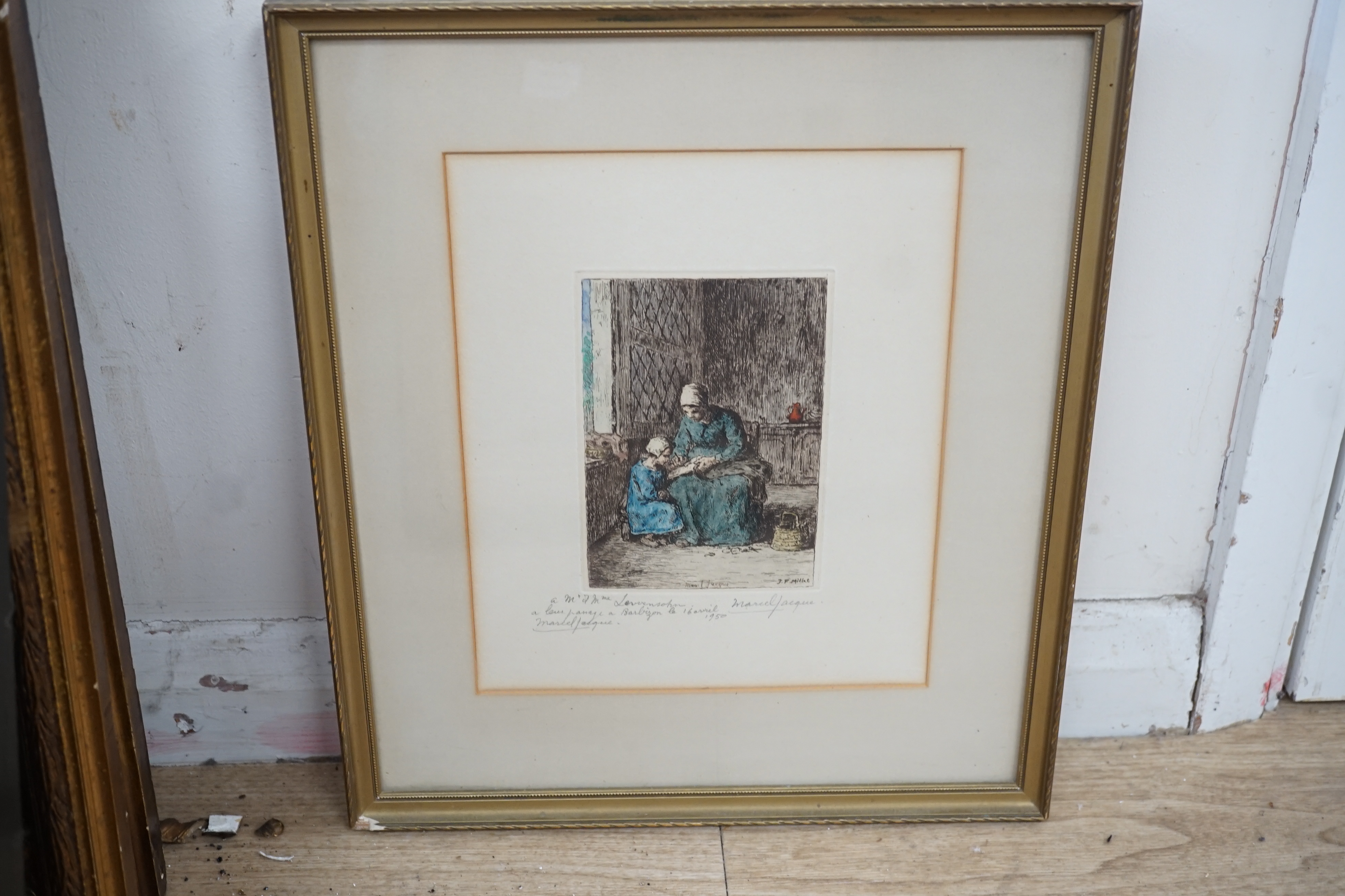 After Hans Holbein, two colour prints, 'Judge More Sr' and 'Mother Iak', an engraving of Frederick II and J.F. Millet, coloured etching, Mother and child, 14 x 10cm